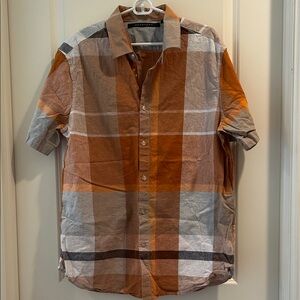 Sean John Men's Linen Plaid button down Shirt shirt sleeves Orange Gray size 2XL